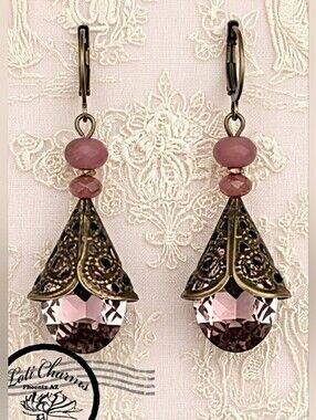 Victorian Ice Pink Swarovski Crystal & Glass Filigree Earrings In Brass